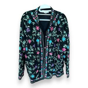Vintage Embroidered Floral Jacket Black Purple Green Pink Wool Pockets Sz Large